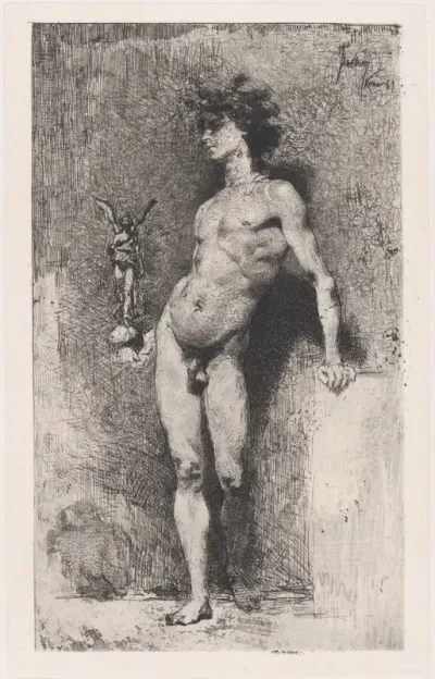 Victory: a naked youth standing facing left holding a statue of winged Victory in his right hand