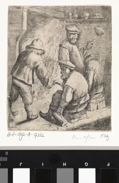 Vier boeren bij een haardvuur