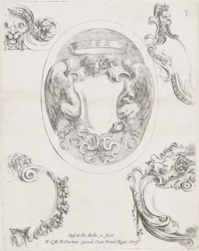 Vier cartouches en een masker