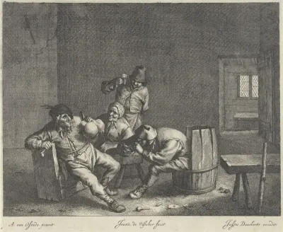 Vier drinkers in een herberg