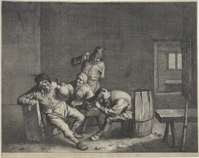 Vier drinkers in een herberg