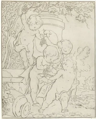 Vier druiven plukkende putti bij een vaas