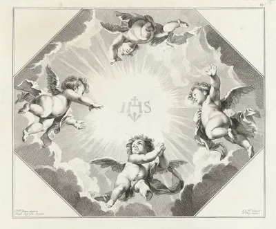 Vier engelen rond het monogram van Christus