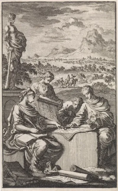 Vier figuren bestuderen een landkaart