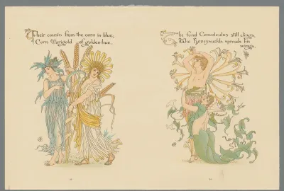 Vier figuren in bloemenkostuum