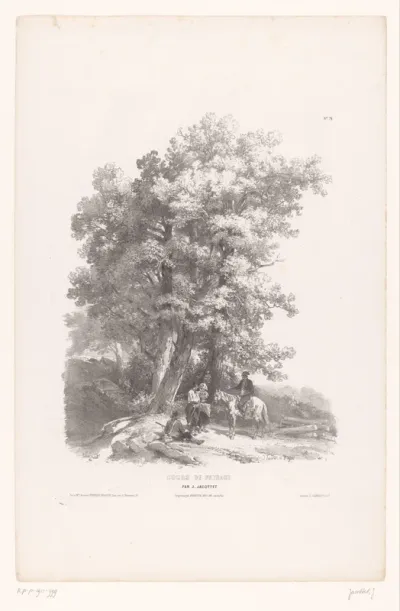 Vier figuren onder een groep bomen