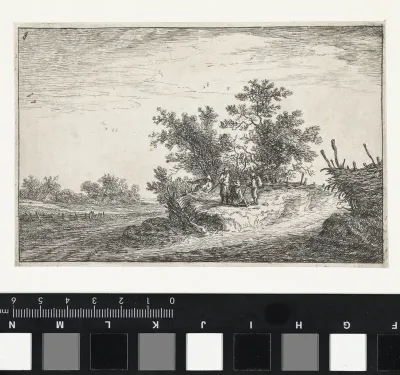 Vier figuren op een verhoging in een landschap