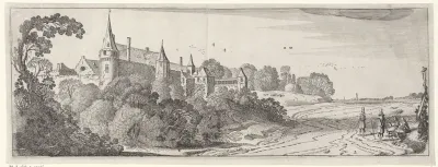 Vier heren op een pad bij een kasteel