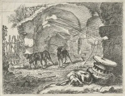 Vier honden bij een ruïne