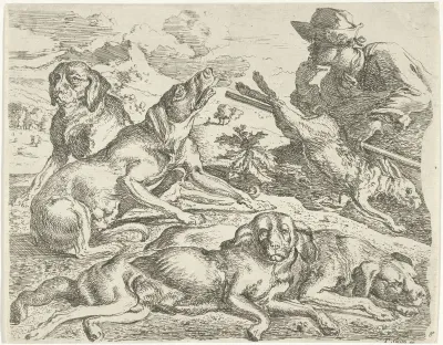 Vier honden, een jager en een haas