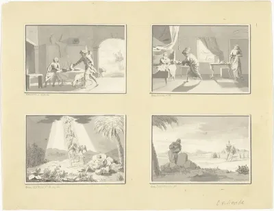Vier illustraties uit het verhaal van Izaäk, Jakob en Ezau
