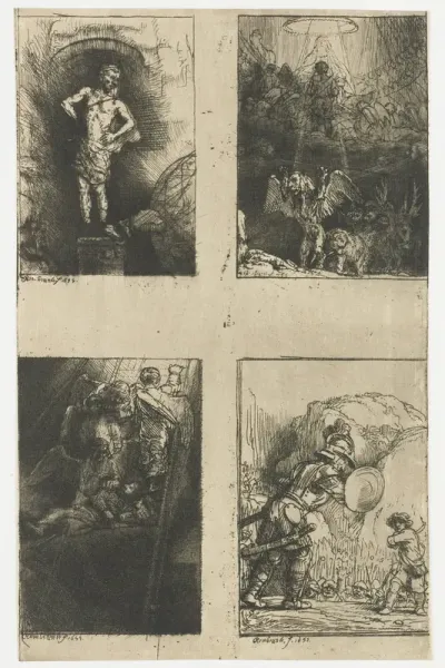 Vier illustraties voor een Spaans boek (de onversneden plaat): het beeld uit de droom van Nebukadnezar; Jacobs ladder; David en Goliath; Daniëls visioen van de vier beesten