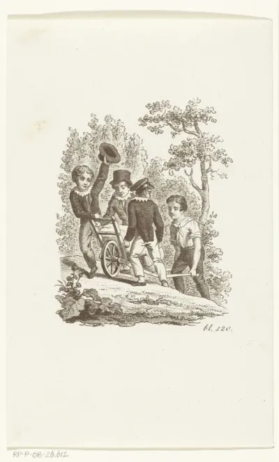 Vier jongens met kruiwagen