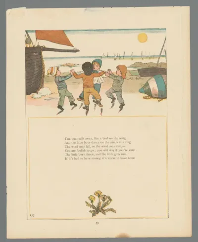 Vier kinderen dansen op het strand