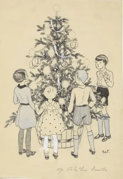 Vier kinderen rondom een kerstboom