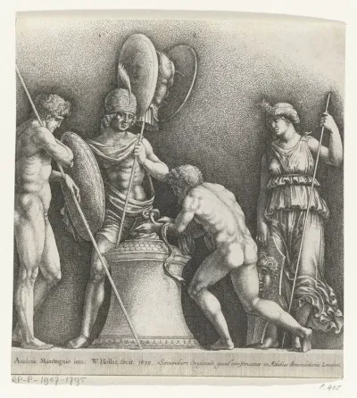 Vier klassieke figuren rond een offerzuil