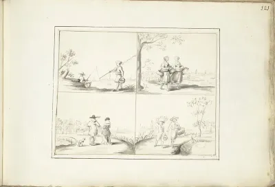 Vier landschappen met figuren