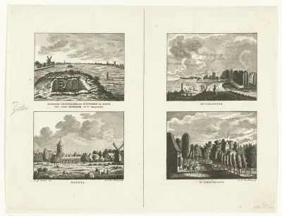 Vier landschappen met gezichten te Eext met hunnebed, Muiderberg, Meppel en 's-Graveland