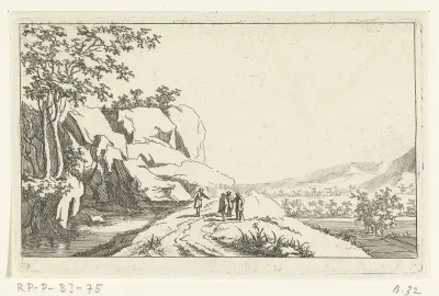 Vier mannen aan de oever van een rivier