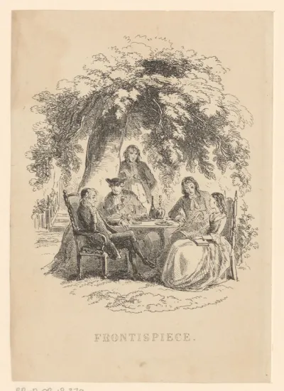 Vier mannen en een vrouw zitten en staan rondom een tafel onder een boom