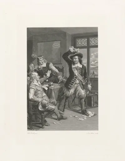 Vier mannen in 17e eeuws kostuum rond een tafel