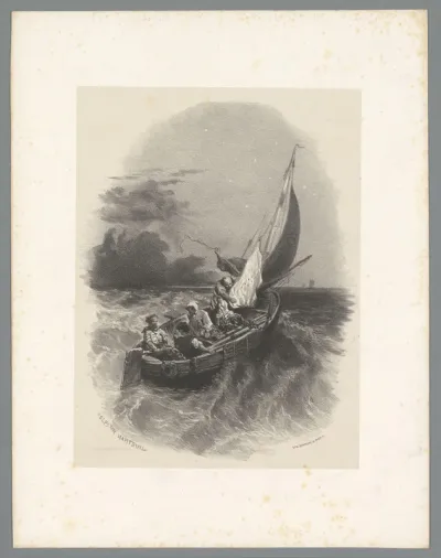 Vier mannen in een zeilschip op zee