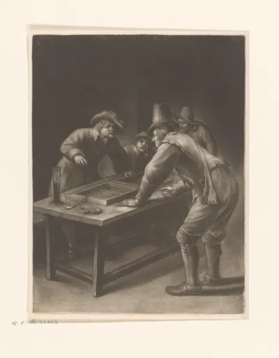Vier mannen rond een speeltafel met triktrak