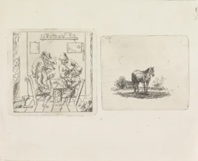 Vier mannen rondom een tafel / Paard in de wei
