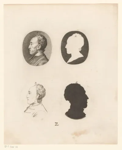 Vier mannenkoppen, waarvan twee in silhouet, in ovalen
