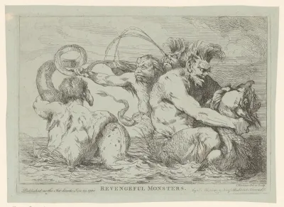 Vier meermannen wurgen een zeemonster