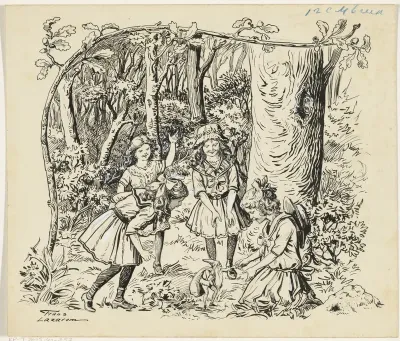 Vier meisjes en een kabouter in een bos