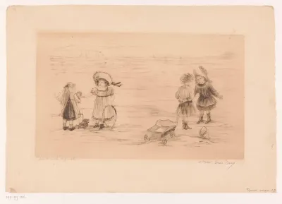 Vier meisjes met speelgoed aan het strand
