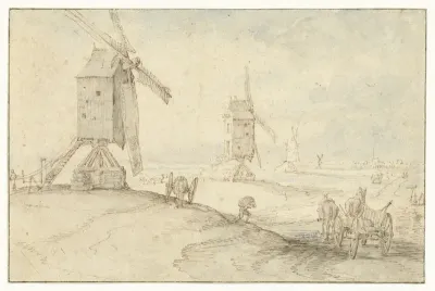 Vier molens langs een weg