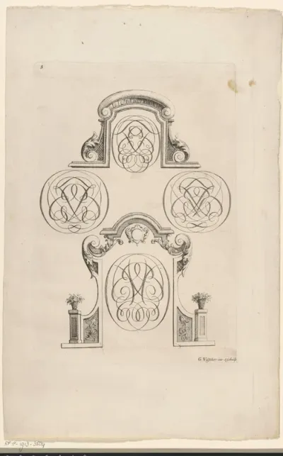 Vier monogrammen een lijst met voluten en een poort