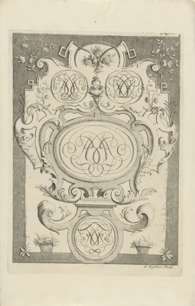 Vier monogrammen tussen blad- en bloemornament