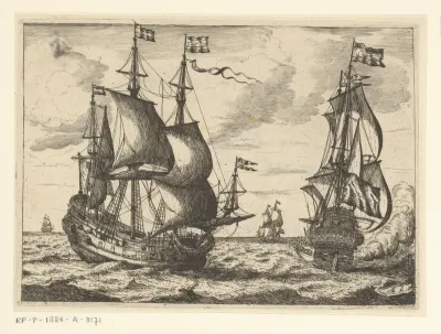 Vier oorlogsschepen op zee