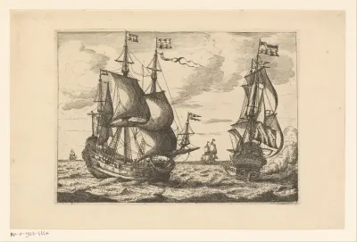 Vier oorlogsschepen op zee