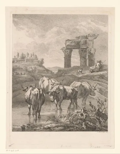 Vier ossen in een beek, in de achtergrond een herder voor een ruïne
