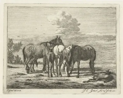Vier paarden en de twee veulen