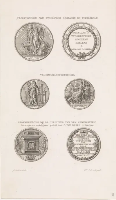 Vier penningen ter ere van Laurens Jansz. Coster