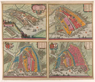Vier plattegronden van Amsterdam vanaf 1400 tot 1612