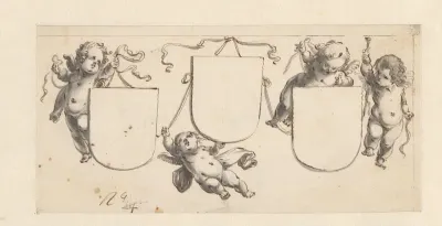 Vier putti met drie wapenschilden