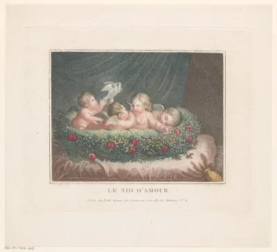 Vier putti met twee duiven in een mandje van rozen op een kussen