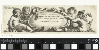 Vier putti rond een cartouche