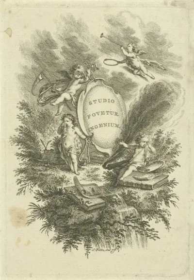 Vier putti rond een cartouche