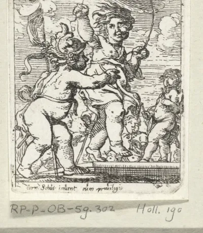 Vier putti, waarvan één met een helm en vaandel