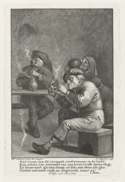 Vier rokende en drinkende mannen aan een tafel