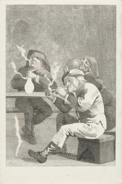 Vier rokende en drinkende mannen aan een tafel