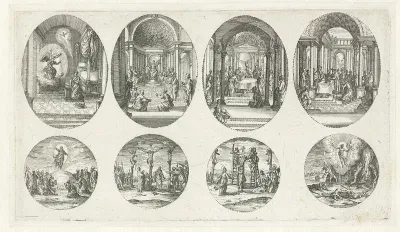 Vier scènes uit het leven van Maria en vier Passiescènes: Annunciatie, De twaalfjarige Christus in de tempel, Besnijdenis van Christus, Presentatie van Christus in de tempel, Hemelvaart, Kruisiging, Kruisafneming, Opstanding