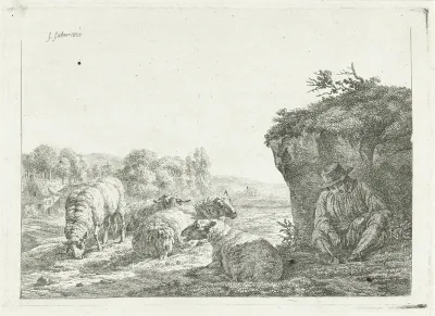 Vier schapen en een slapende herder